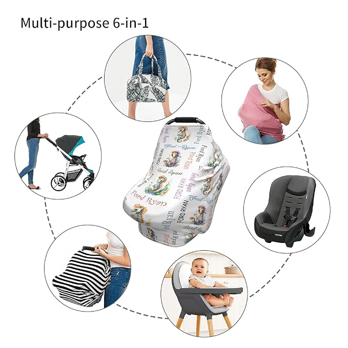 Personalized Baby Car Seat Cover with Name Stroller Canopy Custom Seahorse Carseat Cover Newborn Baby Boy Girl Nursing Cover for Moms First Birthday Gift
