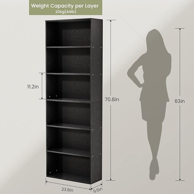 71" Tall Bookcase, 6-Tier Open Display Storage Shelves, Floor Standing Large Book Shelf for Living Room, Home Office, Bed Room, Black