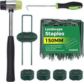 150pcs 6 Inch Green Artificial Turf Stakes Staples+150pcs Washers+Pick Hook+Rubber Mallet, 11 Gauge Landscape Staples Galvanized Lawn Spikes Yard Ground Pin for Artificial Grass Weed Barrier Fabric