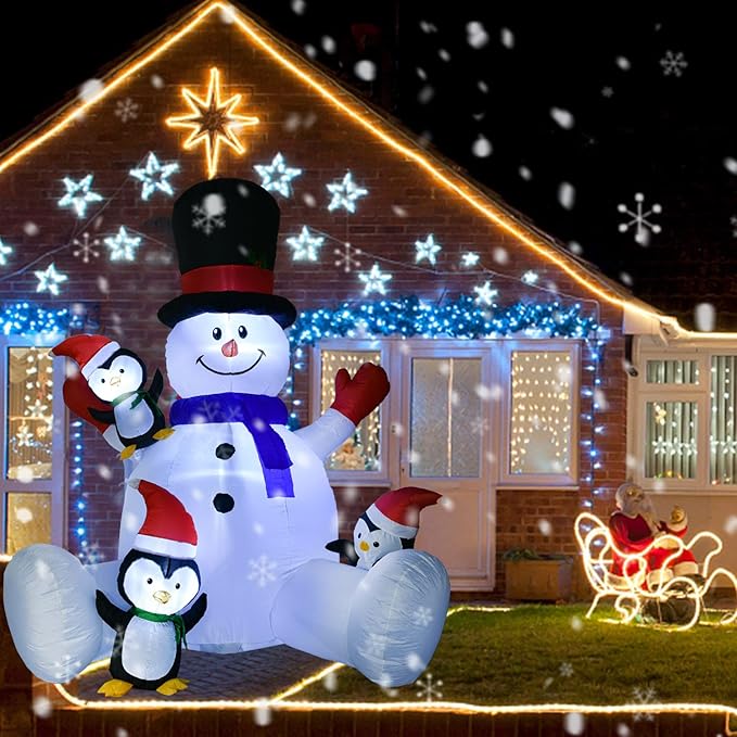 7Ft Lighted Christmas Inflatable Snowman with Three Cute Penguins Build-in LED Lights, Holiday Blow up Outdoor Yard Decoration