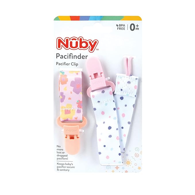 Nuby Pacifinder Baby Pacifier Clip - (24-Pack) - Pacifier Holder Clip with Convenient Hook Loop - Flowers and Polka Dots