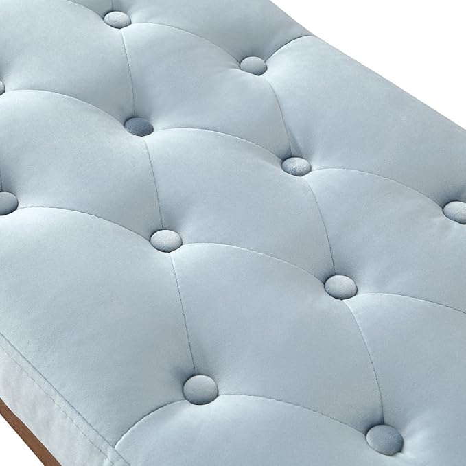 24KF Velvet Upholstered Buttons Tufted Entryway Bench with Solid Wood Leg,Bed Bench Ottoman with Padded Seat,5034-Seaglass