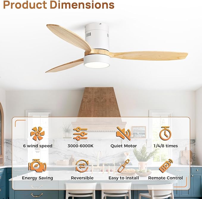 Sofucor 52 Inch Smart Ceiling Fans with Light and Remote-Modern Smart Solid Wood Ceiling Fan with Alexa/Google/APP/Remote Control for Bedroom Living Room Indoor Outdoor Patio,Qiute DC Motor,White&Wood