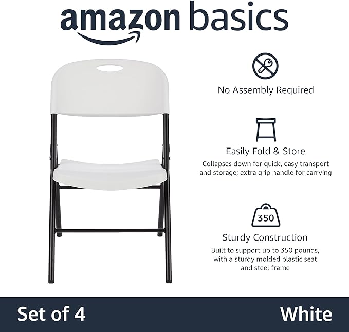 Amazon Basics Foldable Portable Comfortable Sturdy Folding Plastic Chair, 350-Pound Capacity, White, 4-Pack