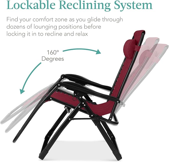 Best Choice Products Oversized Zero Gravity Chair, Folding Outdoor Patio Recliner, XL Anti Gravity Lounger w/Removable Cushion, Cup Holder, Side Tray, 350lb Capacity - Burgundy