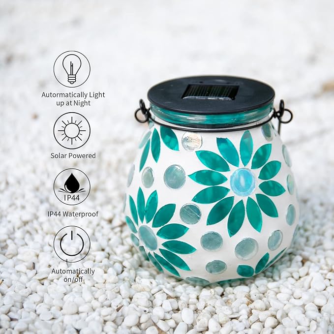 Afirst Mosaic Solar Lanterns Outdoor - Glass Hanging Solar Lights Hollow Out Waterproof Table Lamp Outdoor Decorative for Garden, Patio, Holiday Party Outdoor Decoration