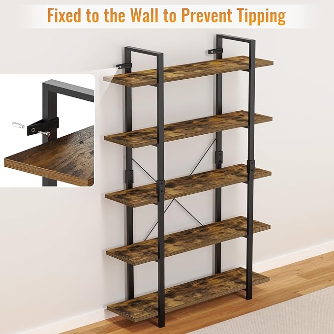 FRAPOW 5 Tier Bookshelf, 70 inch Tall Solid Bookcase Industrial Wooden Bookshelves Large Wall Etagere Rustic Vintage Book Shelf with Metal Frame Open Storage Rack for Living Room Home Office