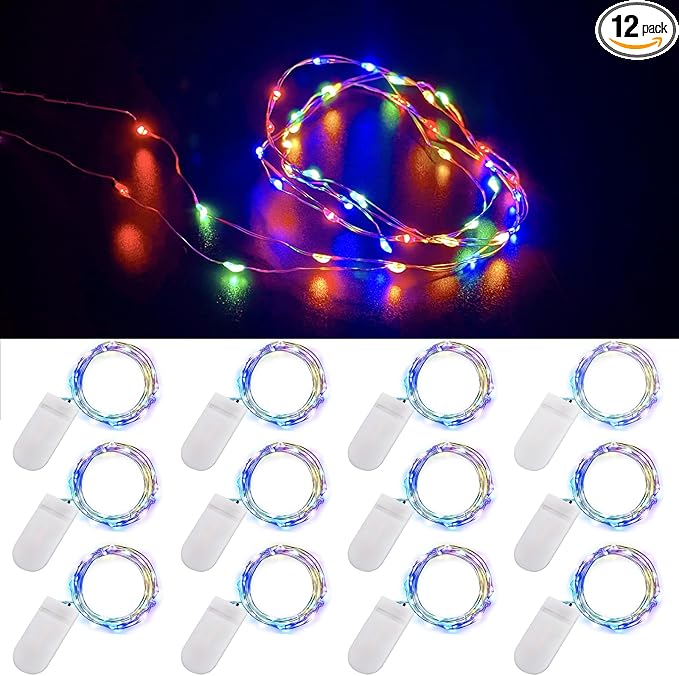 Ostwiki Colored Fairy Lights Mini Lights Battery Operated, 12-Pack 7ft 20 Small LED Lights for Crafts, Multi Colored Mini String Lights for Mason Jar Bedroom Wedding Party Table Christmas Decoration