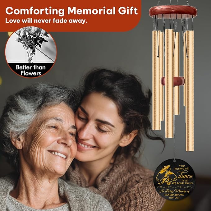 Personalized Dancer Memorial Wind Chime – “Your Memory Will Dance in Our Hearts Forever” Custom Engraved Name & Years – Sympathy Gift for Dance Lovers – Memorial Windchime Tribute Keepsake for Loss