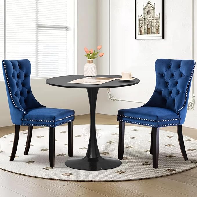 SoarFlash Kitchen Table and Chairs for 2, 31.5" Dining Table Set for 2 with Velvet Upholstered Chairs, 3 Piece Round Kitchen Table Set, Dining Room Table Set for Small Space, Apartment, Blue/Black