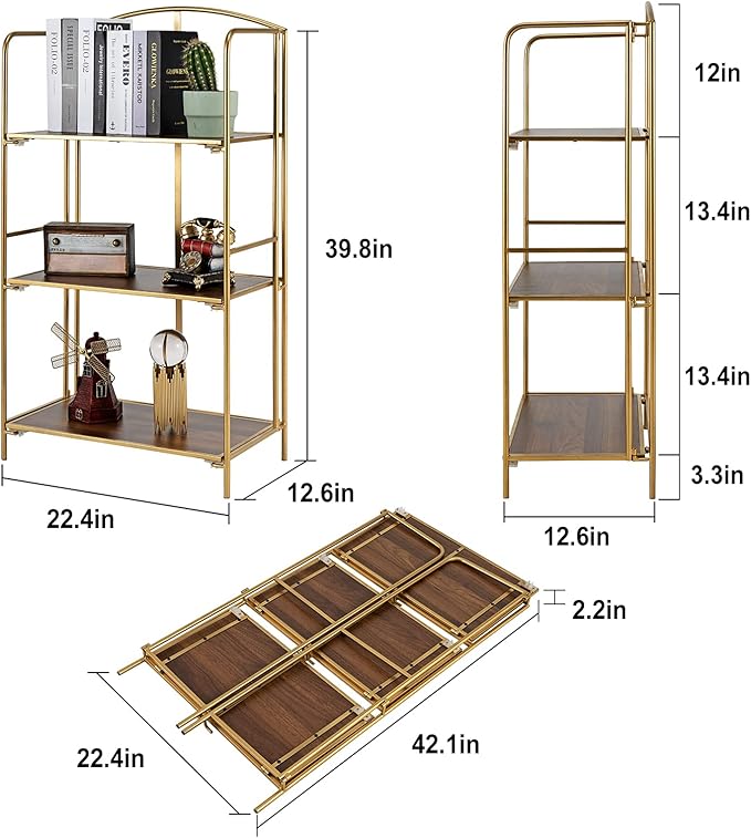 Crofy No Assembly Folding Bookshelf for Living Room, 3 Tier Gold Collapsible Book Shelf for Home Office, Portable Bookcase Storage Organizer