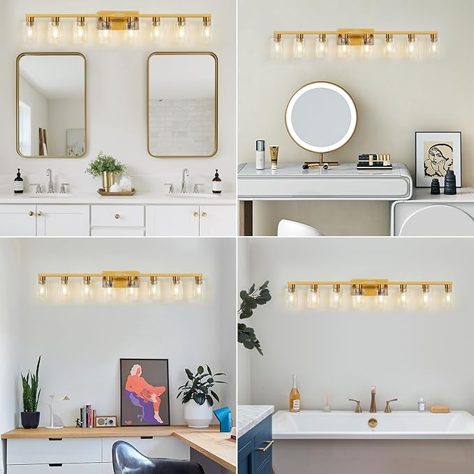 8 Light Gold Bathroom Light Fixtures, Modern Large Vanity Lights with Clear Glass Shade, Brushed Brass Bathroom Lighting Fixtures Over Mirror, Wall Scones Light for Bedroom, Living Room