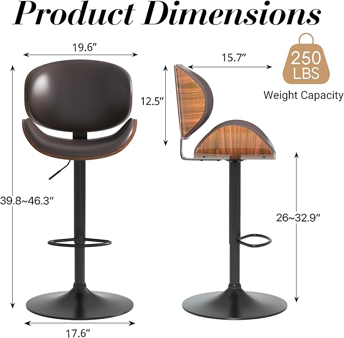 Adjustable Swivel Bar Stools Set of 2, Modern Bentwood Barstool with Large Metal Base and Footrest, PU Leather Upholstered Bar Chair with Curved Back for Kitchen Island Dining Room, Brown