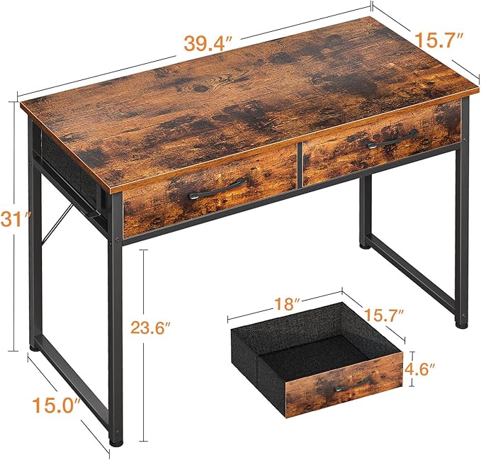Casaottima 40 Inch Small Office Computer Desk with 2 Drawers & Headphone Hook - Compact Writing Desk for Home Office, Study or Work, Modern Space-Saving Design for Small Spaces, Pure Vintage