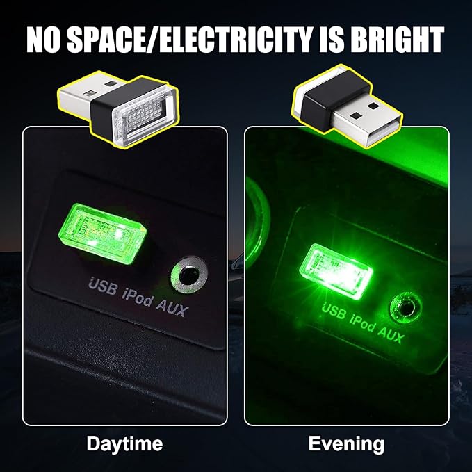 Ziciner 4 PCS USB LED Car Interior Atmosphere Lamp, Portable Mini LED Night Light, Plug-in USB Interface Trunk Ambient Lighting Kit, Universal Car Interior Accessories (Green)