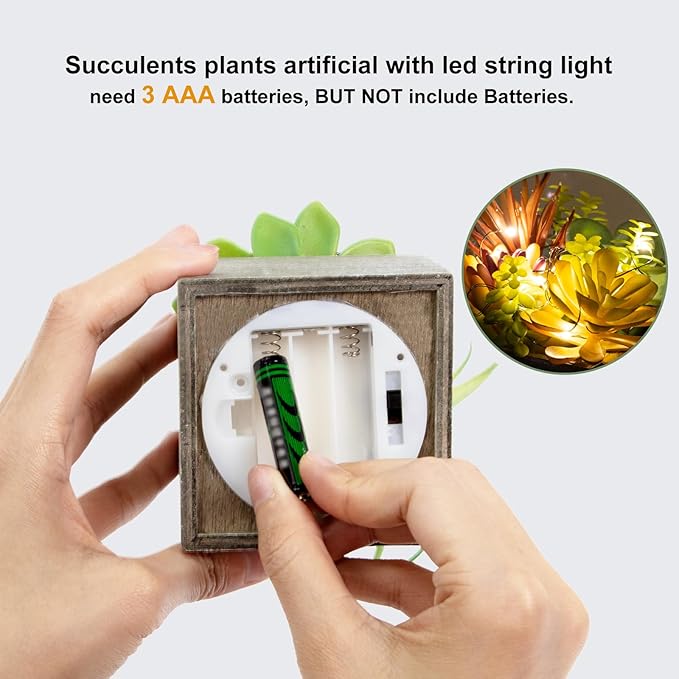 Mingfuxin Small Fake Plants, 3 Packs Mini Succulent Plants Artificial with Led Lights for Indoor Bathroom Bedroom Desk Office Decor