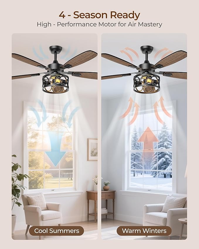 Ceiling Fans with Lights and Remote, 42'' Vintage Caged Ceiling Fan with Light, 5 Blades, 6+1 Speed, Flush Mount Ceiling Fan Whisper-quiet for Farmhouse, Living Room, Kitchen and Porch (42 Inch)