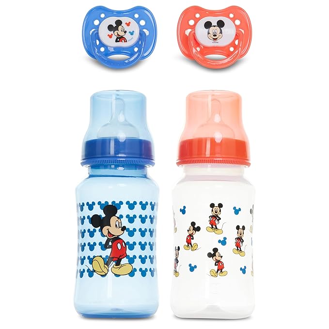 Disney Baby Bottles and Pacifiers Set – 2 Hourglass-Shaped 11oz Bottles + 2 Orthodontic Pacifiers – Officially Licensed Mickey, Minnie, Pooh & Dumbo Designs – BPA-Free Feeding Gift Set