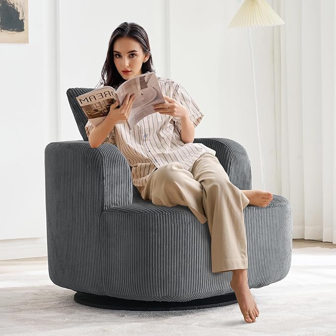 Furnimart 360° Swivel Barrel Accent Chair, Round Upholstered Comfy Lounge Chair, Corduroy High-Resilienc Foam Single Sofa, No Assembly Wide Seat for Living Room, Bedroom, Apartment (Gray)