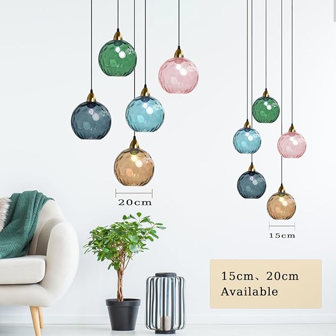 15cm/5.9’’ Industrial Vintage Spherical Glass Pendant Light, E26 Ceiling Hanging Lamp, Gold Finish & Ripple Glass Globe Shade, Dining Room Bedroom Chandelier (Pink)