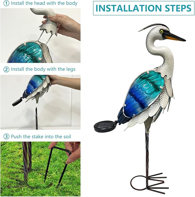 HONGLAND Solar Metal Crane Statue Garden Heron Sculpture, Glass Outdoor Heron Yard Art Coastal Ocean Bird Decor Lawn Ornament for Backyard Porch Patio Decor（24 Inch）
