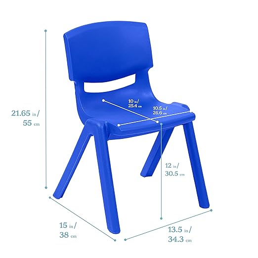 ECR4Kids 12in Plastic School Stack Chair, Classroom Furniture, Blue, 4-Pack