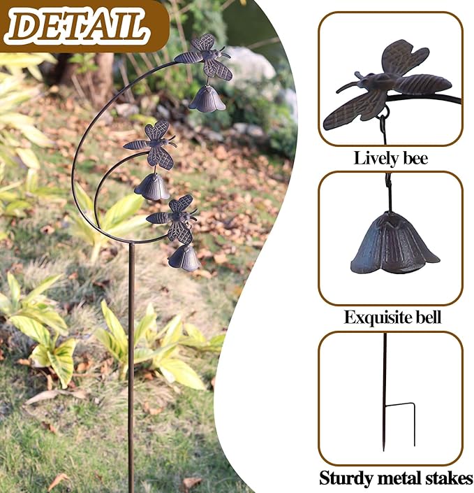 Gardens Metal Bees with Bells for Outside Garden Art,Decorative Garden Stakes