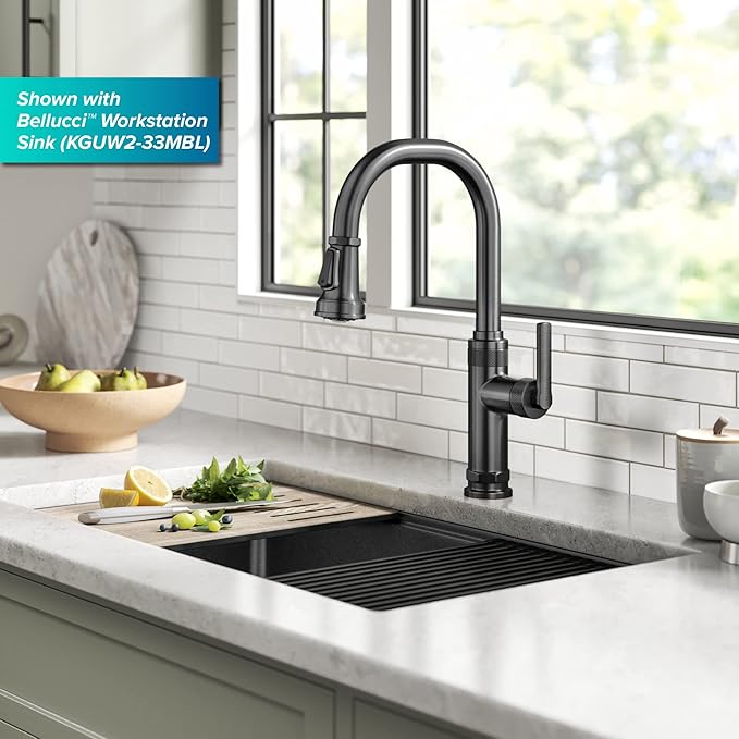 KRAUS Allyn Industrial Pull-Down Single Handle Kitchen Faucet in Spot-Free Black Stainless Steel, KPF-4102SFSB