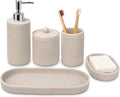Bathroom Accessory Set 5Pcs- Lotion Soap Dispenser,Toothbrush Holder,Qtip Holder Dispenser,Vanity Tray and Soap Dish-Modern Bathroom Decor Vanity Countertop Organizer,Beige