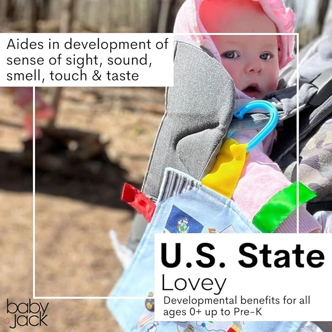 Baby Jack & Co 8x8” Learning Lovey Pennsylvania State Tag Stroller Toy for Babies - Crinkle Toys for Developing Five Senses - Learn About Capitals - Travel with Baby Jack - BPA Free Clip