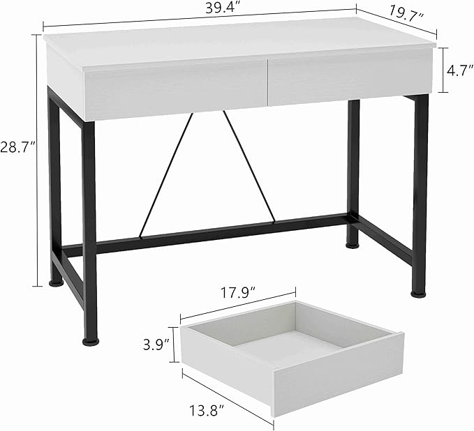 CAIYUN 40Inch Computer Desk with 2 Wooden Drawers, Small Desks for Home Office with Storage,Vanity Desk for Bedroom, Gaming Desk for Small Spaces, Simple Kids Study Writing Desk Table (White, Wooden)