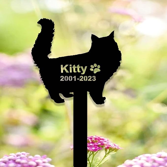 Custom Fluffy Cat Memorial Stake Sign Metal Long Hair Cat Grave Marker Cat Garden Decor Personalized Cat Name Remembrance Yard Stake Pet in Heaven Loss of Cat Sympathy Gift