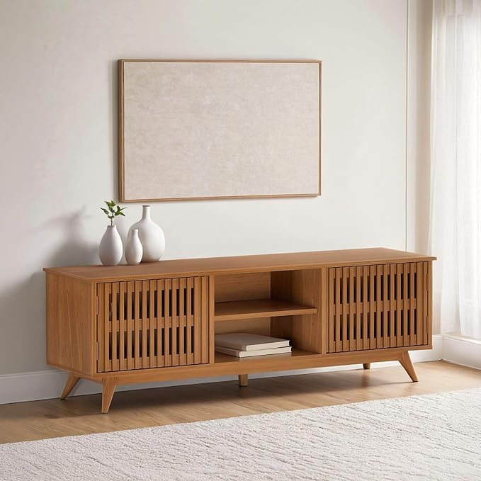 Plank+Beam Mid-Century Modern Wood TV Stand, Solid Wood Entertainment Console with Storage, 59" L x 16" W x 19" H, Pecan