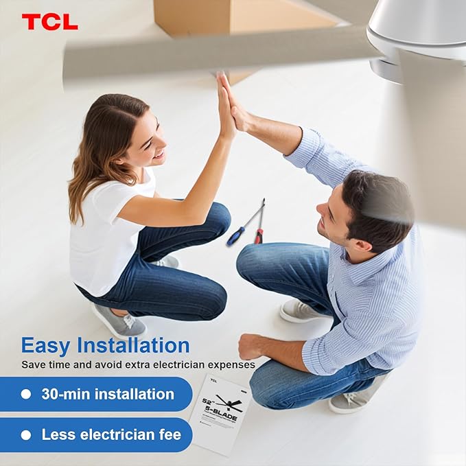 TCL 52" Modern Ceiling Fan with Lights, 5 Blades, 6 Speeds DC Reversible, Dimmable, White Flush Mount for Bedroom, Living Room and Garage