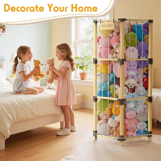 200L Stuffed Animal Zoo Storage, 3-Tier Extra Large Stuffed Animal Holder, Solid Bamboo Plushies Storage Tower with Mesh Pocket and Elastic Cords, Space Saver for Nursery Playroom Bedroom