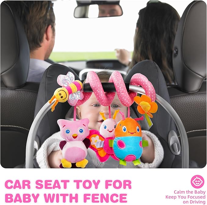 Jollybaby Crib Stroller Car Seat Toys for Baby 0-3-6-9-12 Months, Tummy Time Hanging Sensory Toys for Newborn with Music Box and Teether, Spiral Carseat Toy for Infant Boys Girls Gifts (13-Pink)