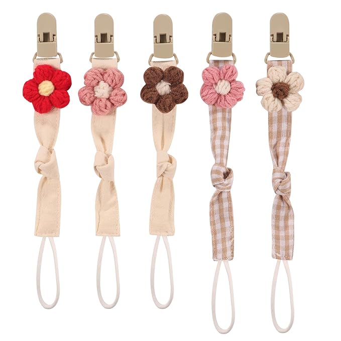 Baby's Breath 5 Pack Pacifier Clips with Adjustable Strap (14.5-18.3 in) - Handmade Boho Style Flower Design, Soft Textile Baby Holder Set for Girls, Neutral Colors for Any Outfit