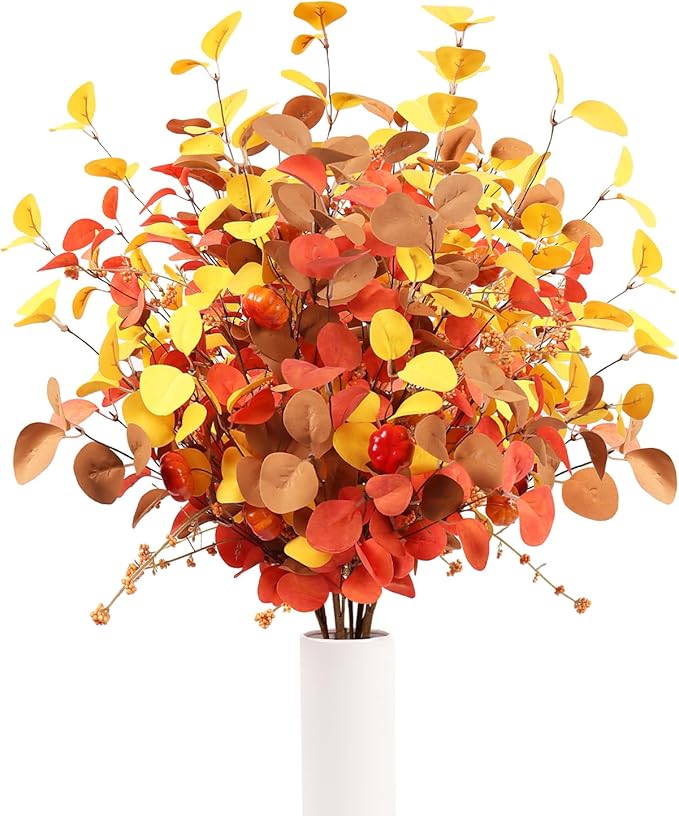 Beferr Fall Eucalyptus Stems Christmas Decor - 5Pcs 32" Tall Faux Eucalyptus Leaves Pumpkins Branches Autumn Thanksgiving Farmhouse Harvest Fireplace Table Centerpiece Home Decorations