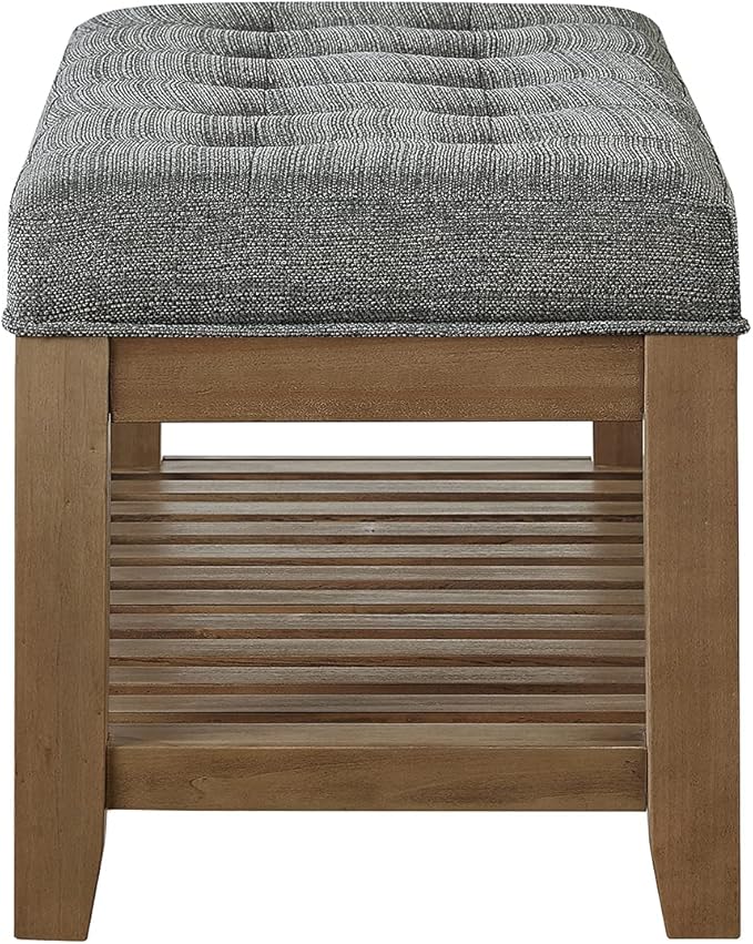 24KF Large Rectangular Upholstered Tufted Linen Fabric Ottoman Bench, Padded Bench with Solid Wood Shelf-Granite