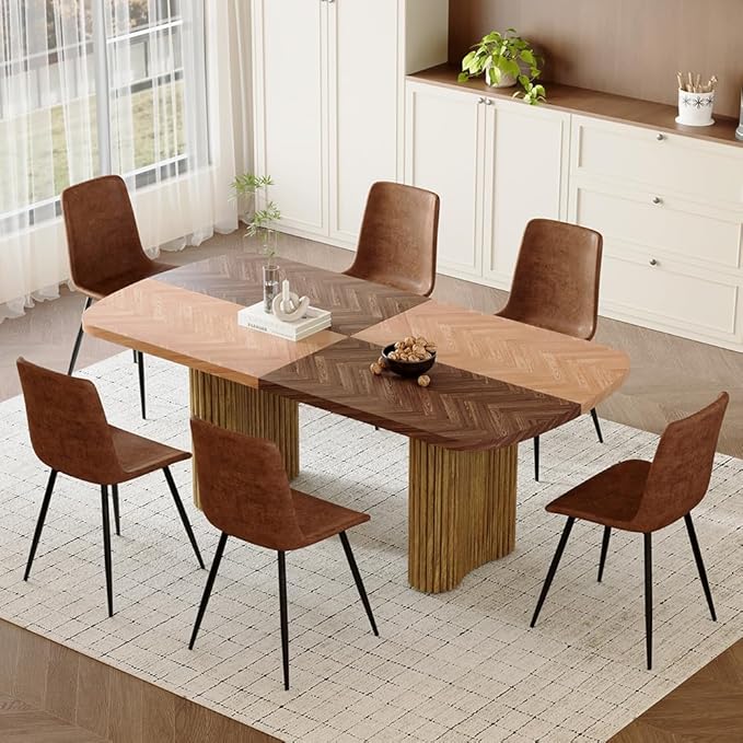 79" Large Dining Table Set for 6, Modern Farmhouse Dining Room Table Set with 1.7" Thick Two-Tone Wood Top, Sculpted Wave Legs & 6 Suede Upholstered Chairs, Wooden Kitchen Table Set for Living Room