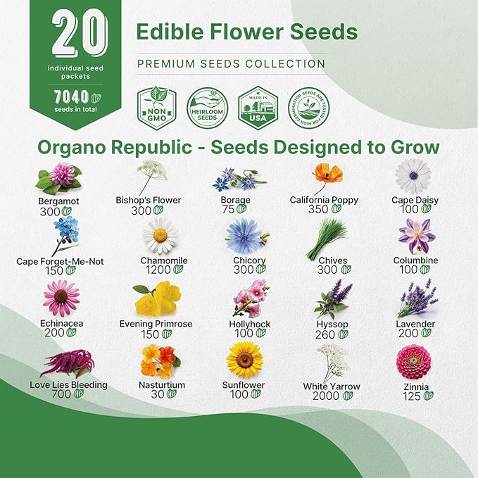 Organo Republic 20 Edible Flower Seeds Variety Pack- Indoor/Outdoor. 7000+ Non-GMO Heirloom: Borage, Bergamot, Nasturtium, Chives, Cape Daisy, Hyssop, Zinnia Seeds & More