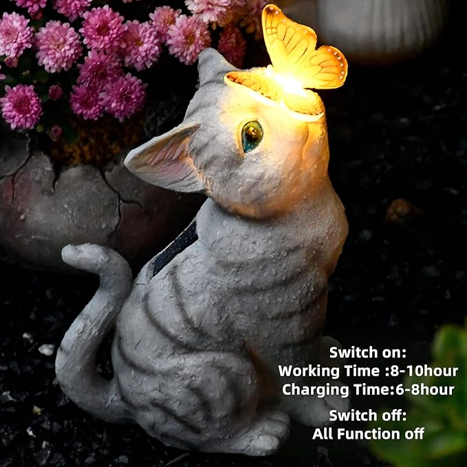Cat Garden Figurines Outdoor Decor Solar Statue with LED Lights for Patio Lawn Yard Art Decoration Housewarming Garden Gift