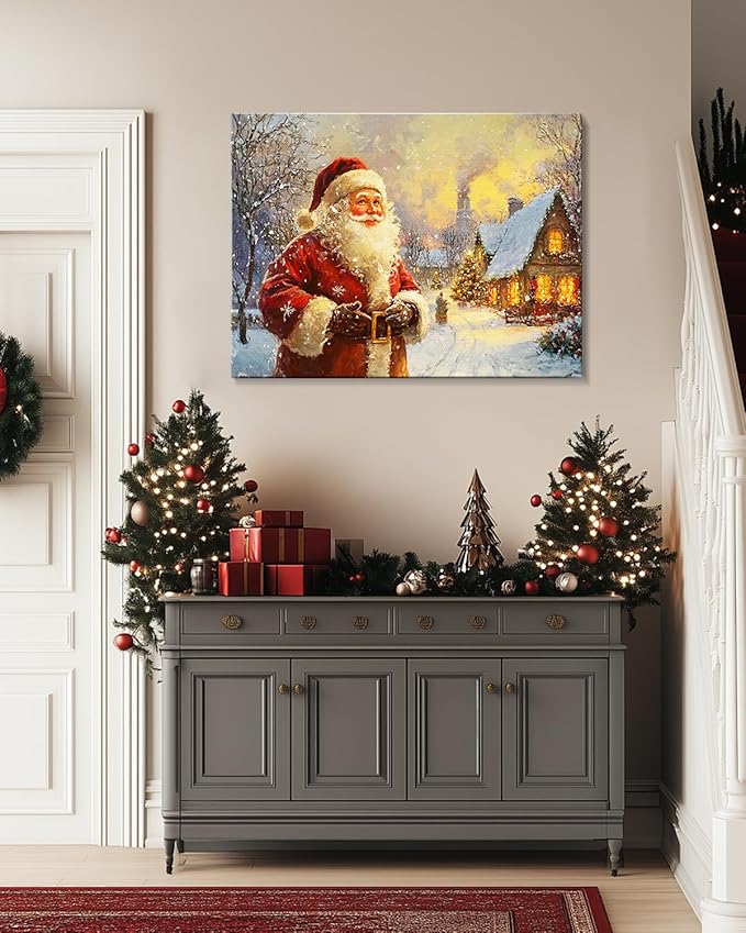Vintage Santa Claus Christmas Canvas Wall Art - Festive Holiday Painting for Living Room,Bedroom & Bathroom, Cozy Winter Decor Framed Print, Perfect Christmas Gifts & Home Decoration