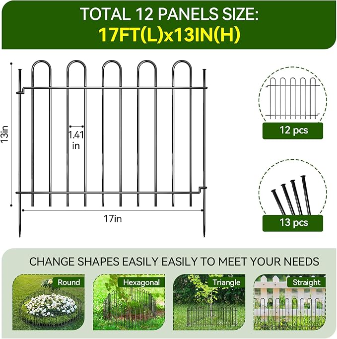 12 Panels Decorative Garden Fence, 17ft X 20in Rustproof Metal Animal Barrier Fence, No Dig Fence Garden Fence, Arched Flower Bed Edging Ornamental Wire Border Fencing for Outdoor Yard, Patio Deco
