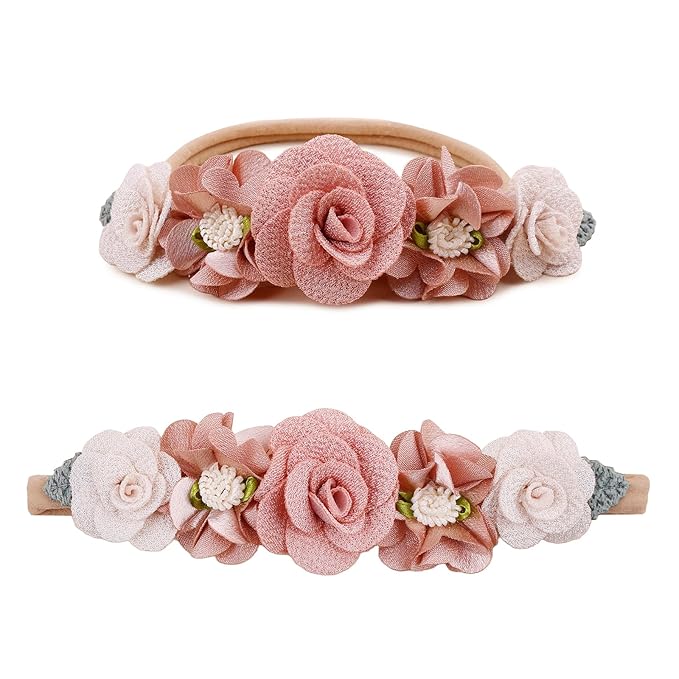Baby Girl Nylon Headbands Flower Hair Bows Accessories-Elastic Hair Band Crown Handmade FLoral Wraps Birthday Gifts for Girls Newborn Infant Toddler 3Pcs