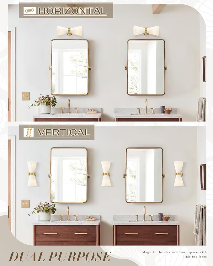 Gold Sconce Wall Lighting, HWH Single Wall Vanity Light Fixture Brushed Gold Wall Sconce Lamp, Modern Indoor Up Down Wall Light with Frosted Milk White Striped Glass Shade, 5HZG97B-2W BG