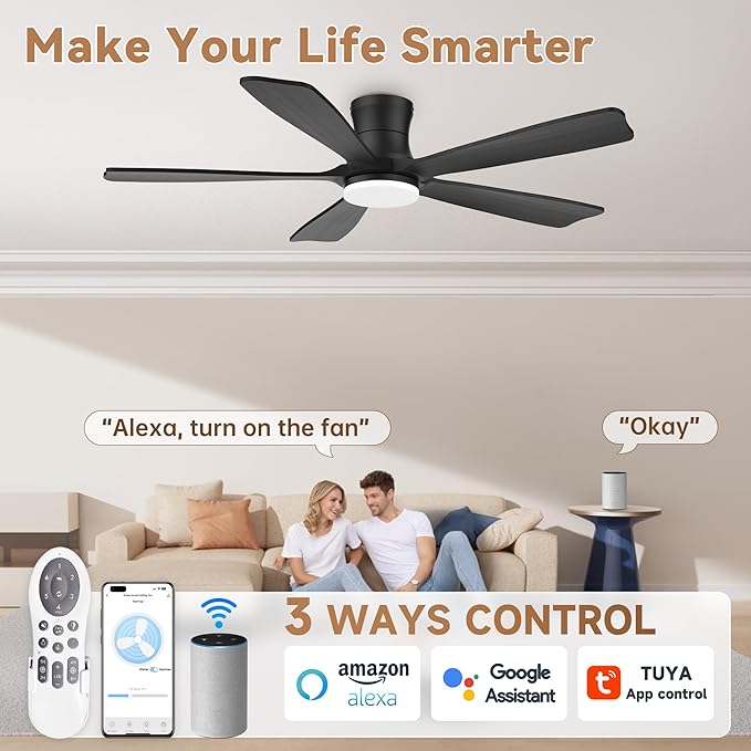 52"Wood Smart Flush Mount Ceiling Fans with Lights Remote,Control via WIFI Alexa Google App,6 Speed,Quiet DC Motor,Modern Black Outdoor Indoor Low Profile Ceiling Fan for Bedroom Patio Porch