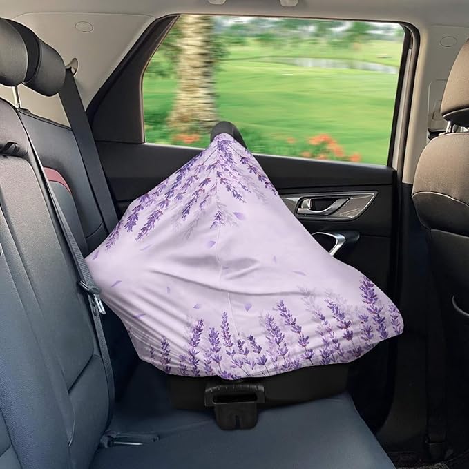 Biyejit Lavender Flowers Car Seat Covers, Baby Car Seat Canopy Carrier Cover Breathable Nursing Cover for Breastfeeding Stretchy Carseat Cover Boys Girls Multi-Use Infant Carseat Stroller Cover
