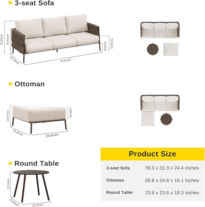 EAST OAK Life Chatter Patio Furniture Set, Outdoor Furniture Sectional Sofa Set with Round Coffee Table, 4 Seats Sofa Deep Seating with Thick & Washable Cushions, Chestnut Brown & Creamy Apricot