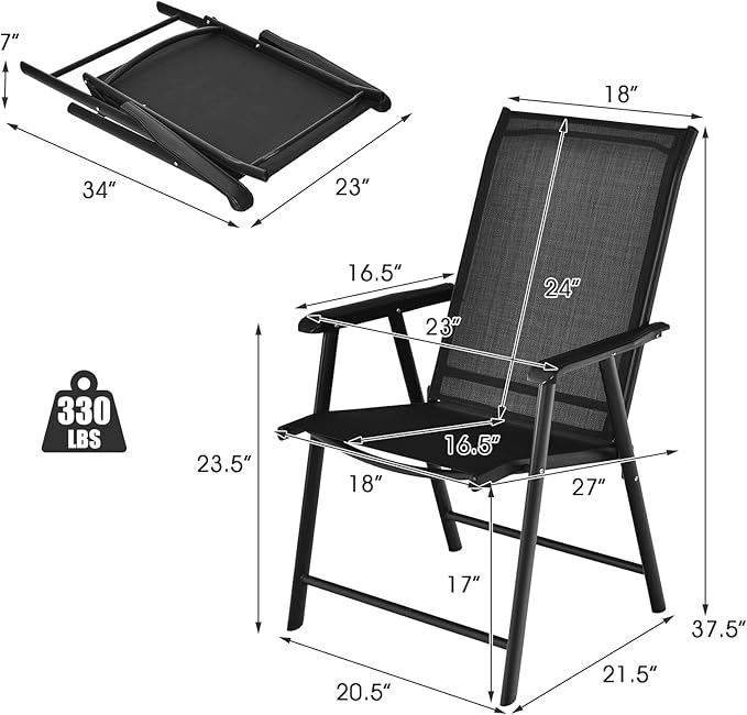 Giantex Set of 4 Patio Folding Chairs, Outdoor Chairs with Armrest, Portable Dining Chairs for Porch Camping Pool Beach Deck Lawn Garden, 4-Pack Patio Chairs, Metal Frame, Black